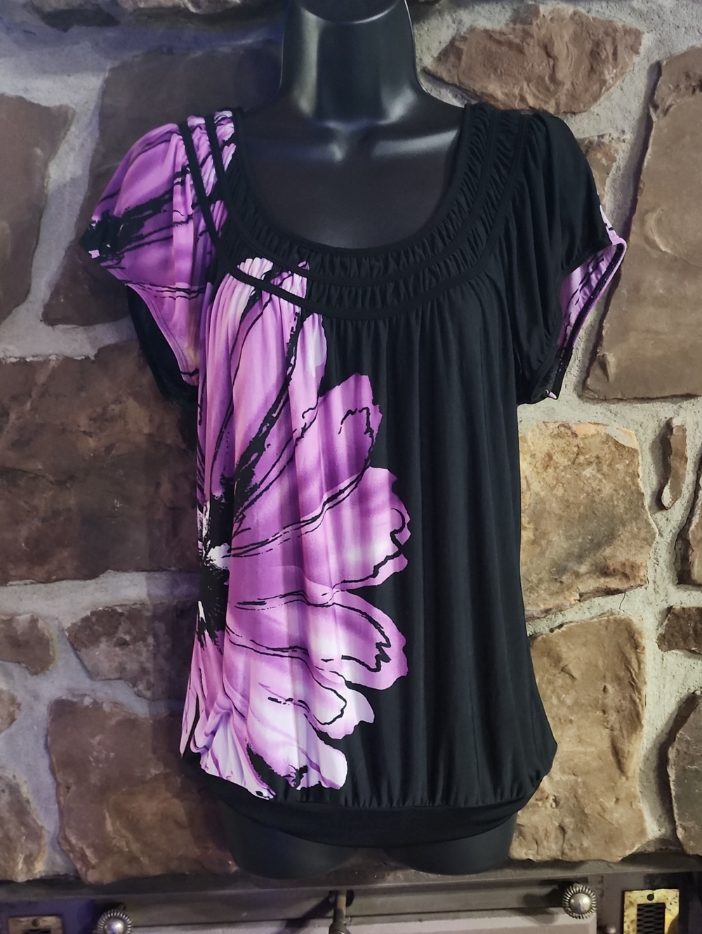 Trixxi Black Short-Sleeve Top with Purple Floral Accent